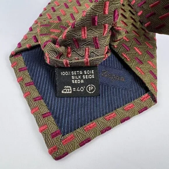 Ermenegildo Zegna Men's Textured Tie Pink Purple Brown Geometric Design - Picture 9 of 9